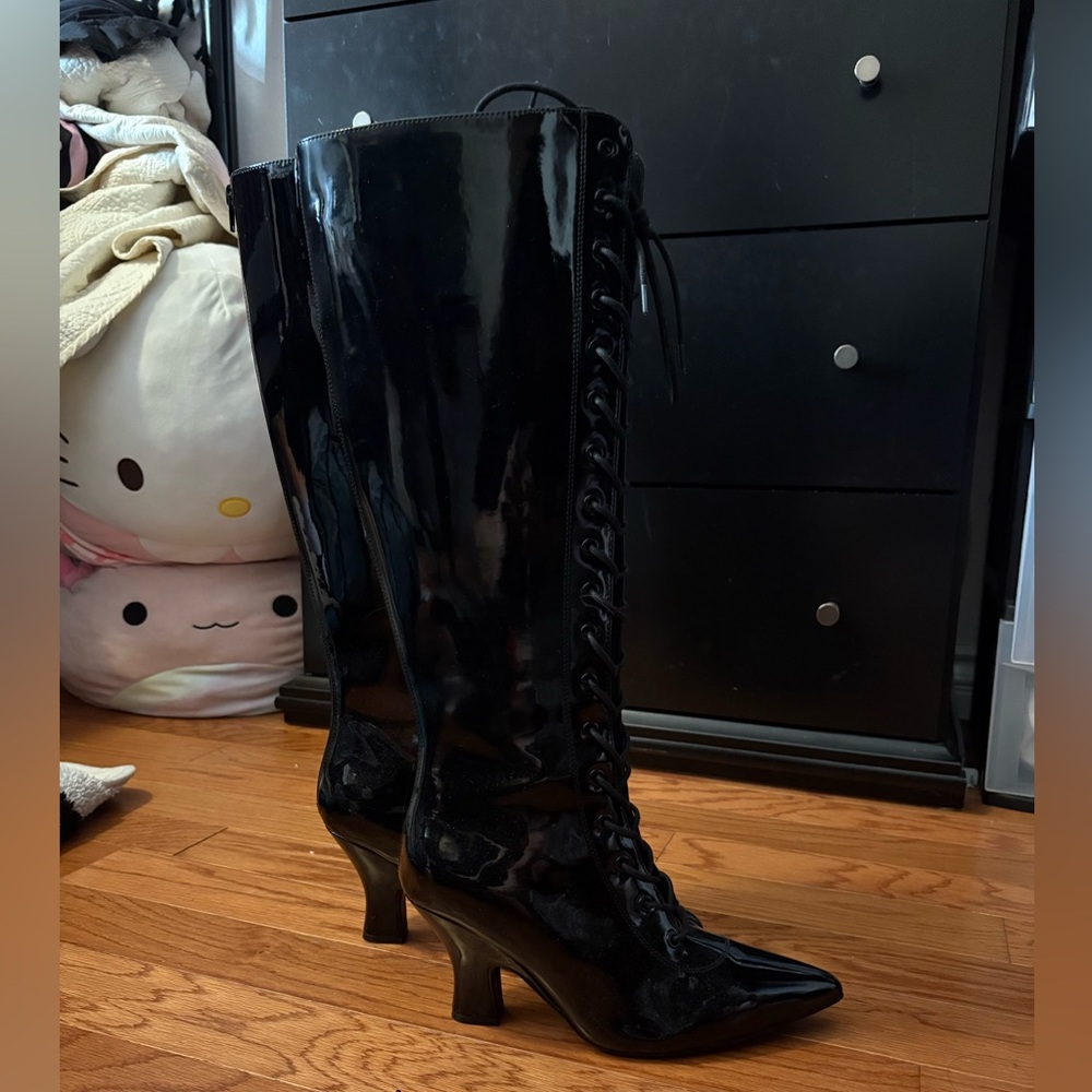 YRU Black Lace-Up Patent vinyl leather Knee-High witch heeled Boots